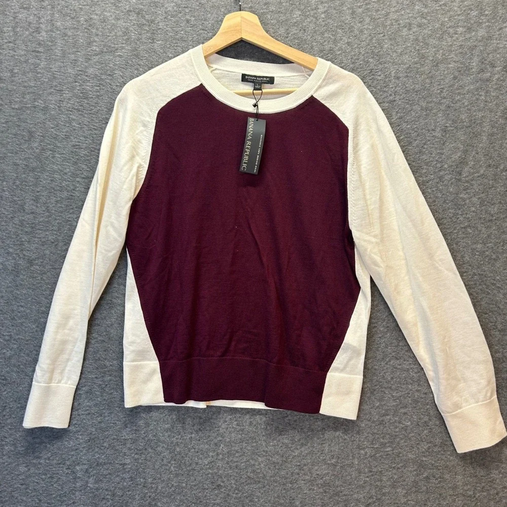 Banana Republic Womens L Merino Wool Colorblock Sweater Burgundy Cream Crew Neck